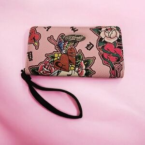 Ed Hardy Pink and Black Floral Wristlet